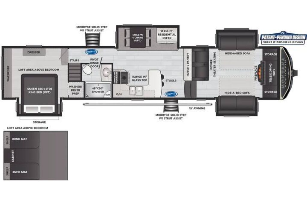 A hotel layout with a queen bed, king bed, dresser, and a kitchenette.