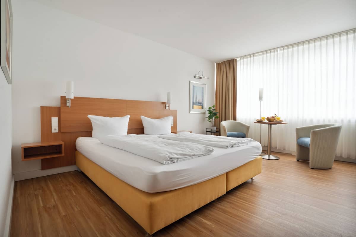 A hotel room with a large bed, a bedside table, a chair, a small table with a plant, and a window with curtains.