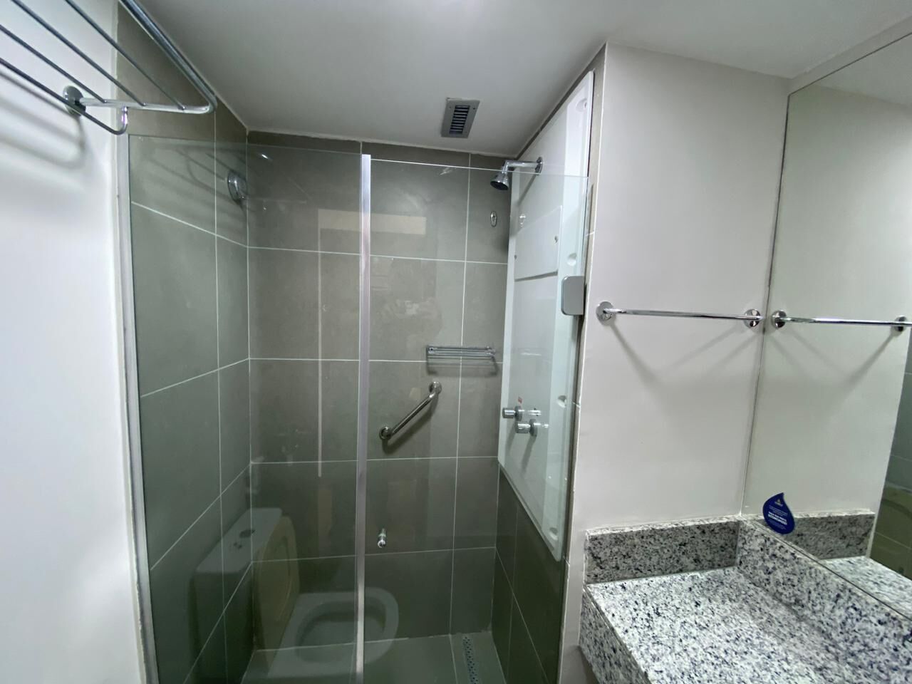 Une salle de bain moderne avec une douche à parois de verre, des toilettes et un comptoir en granit.