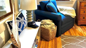 Smart TV, fireplace, books