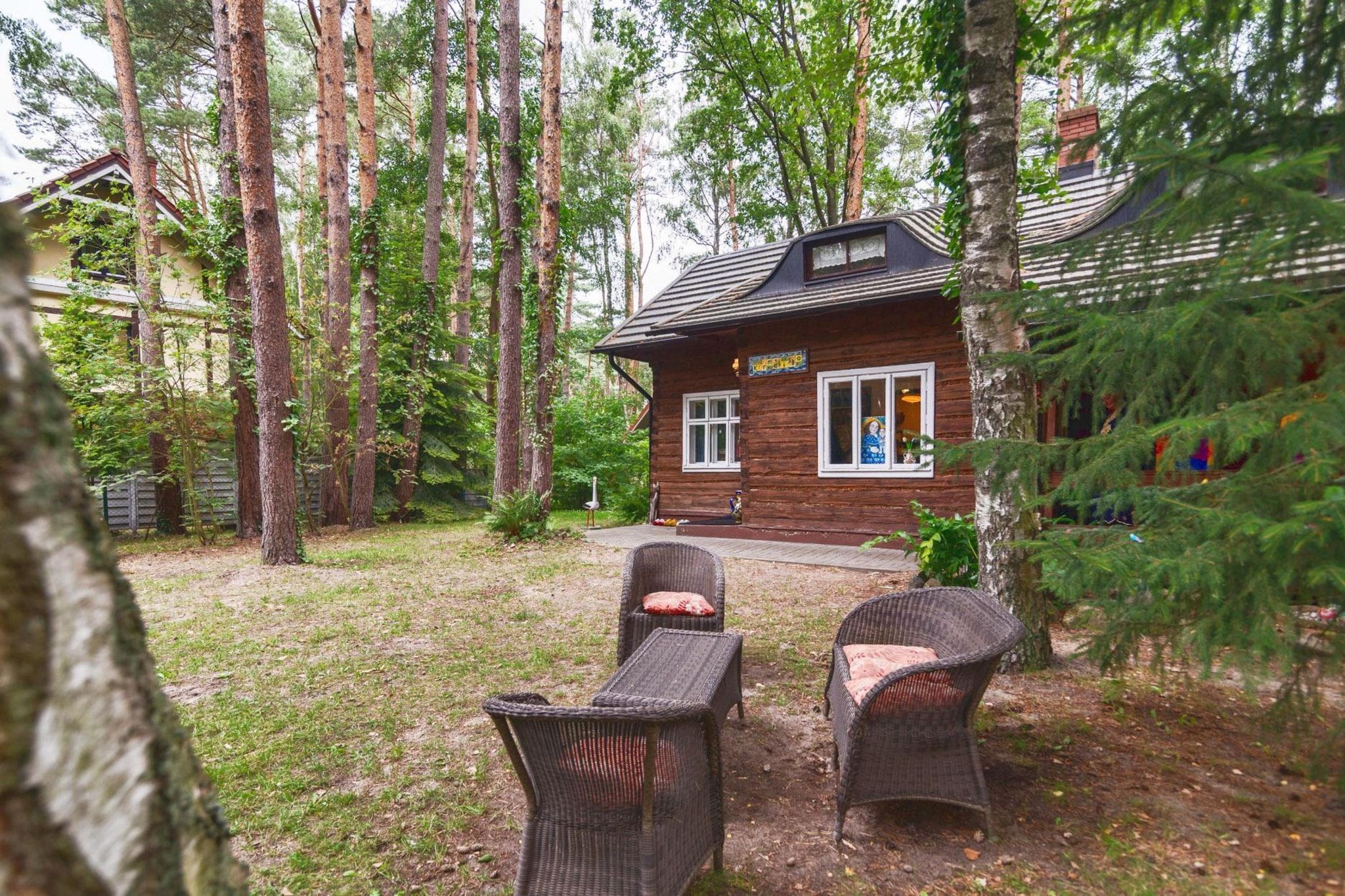 A wooden cabin with a porch, surrounded by tall trees and a grassy yard.