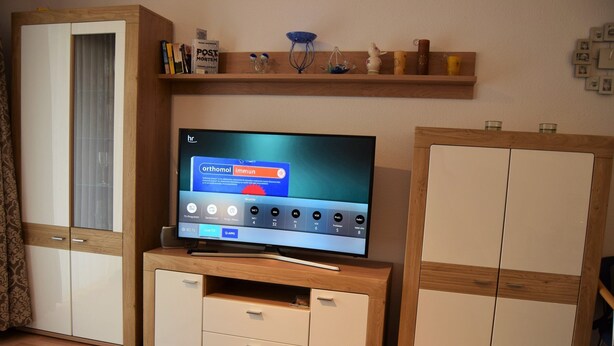 A TV on a wooden stand with a shelf above it. - Residenz Rosenhof BDH (Büsumer Deichhausen)