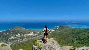 A person standing on a rocky outcrop overlooking a coastal landscape.