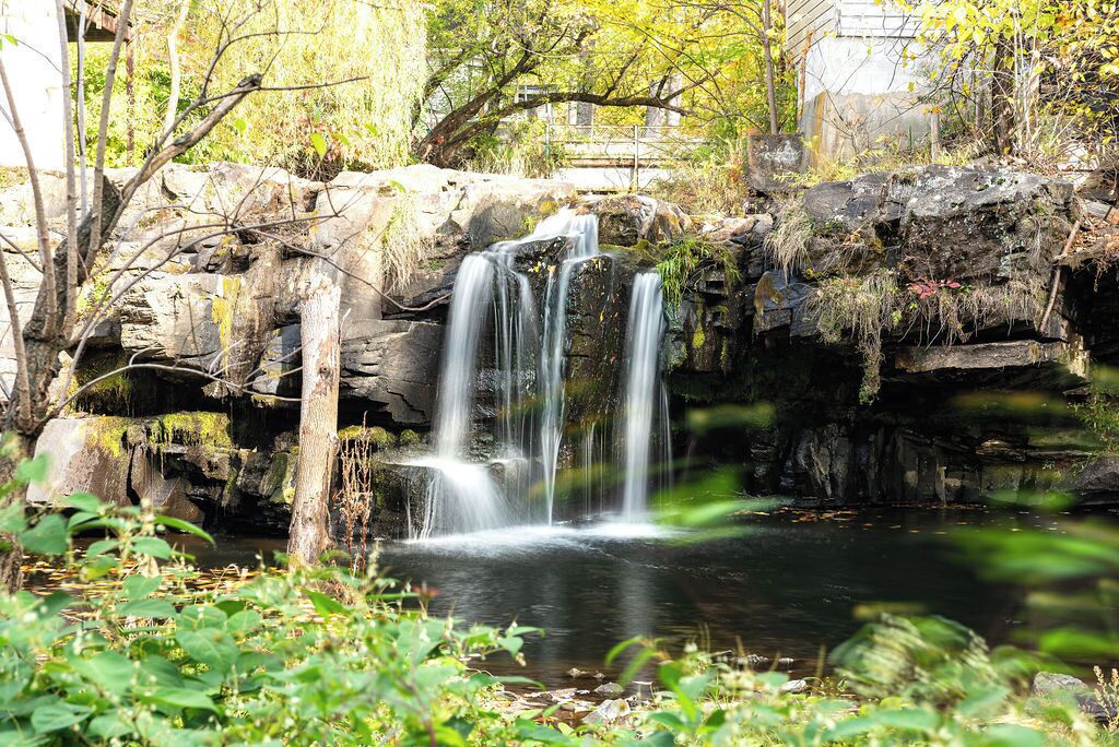 A waterfall cascading over rocks into a calm pool surrounded by greenery.