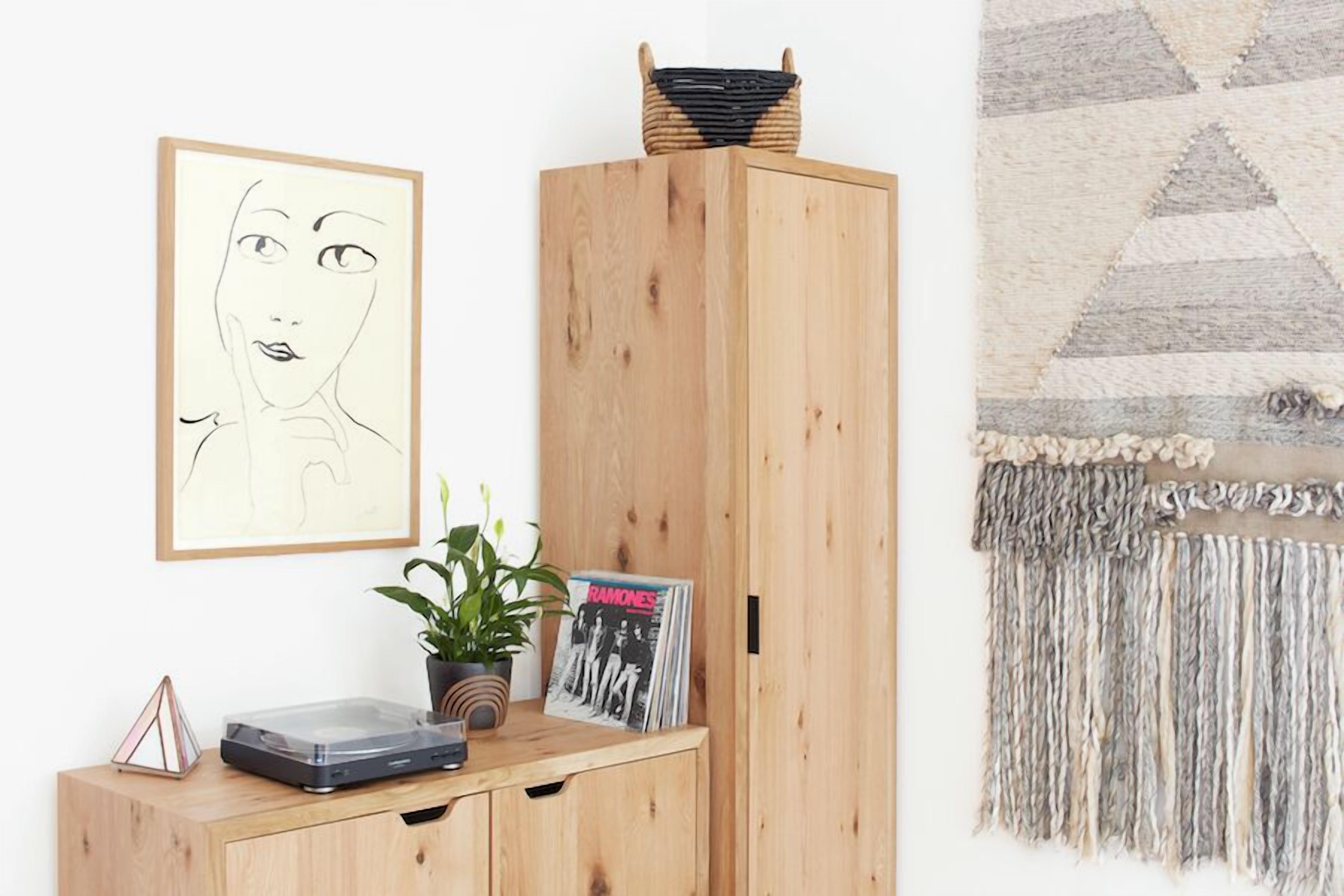 A wooden cabinet with a framed artwork, a plant, and a record player.