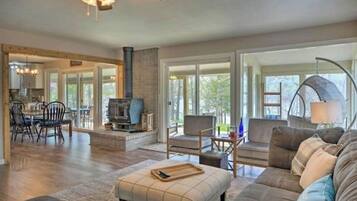 Smart TV, fireplace, foosball