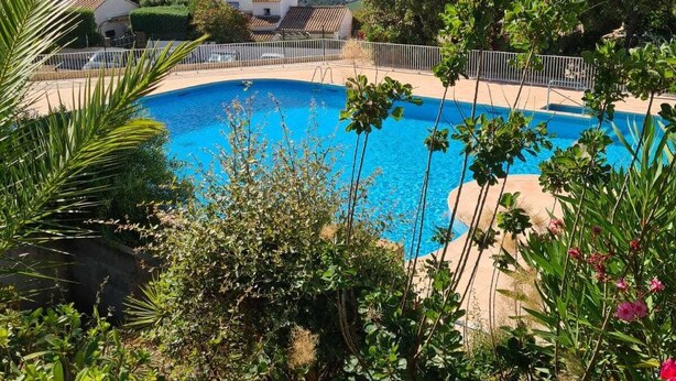 A swimming pool surrounded by lush greenery and a view of the sea. - charming apartment - view of the Cavalaire bay (La Croix-Valmer)