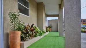 Un couloir agrémenté d’un revêtement de sol vert synthétique, de plantes en pot et d’une façade de bâtiment ornée de fenêtres et de colonnes.