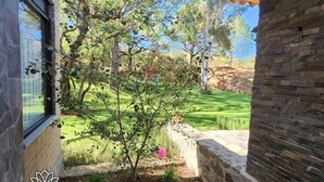 A stone patio with a view of a well-maintained lawn and trees.