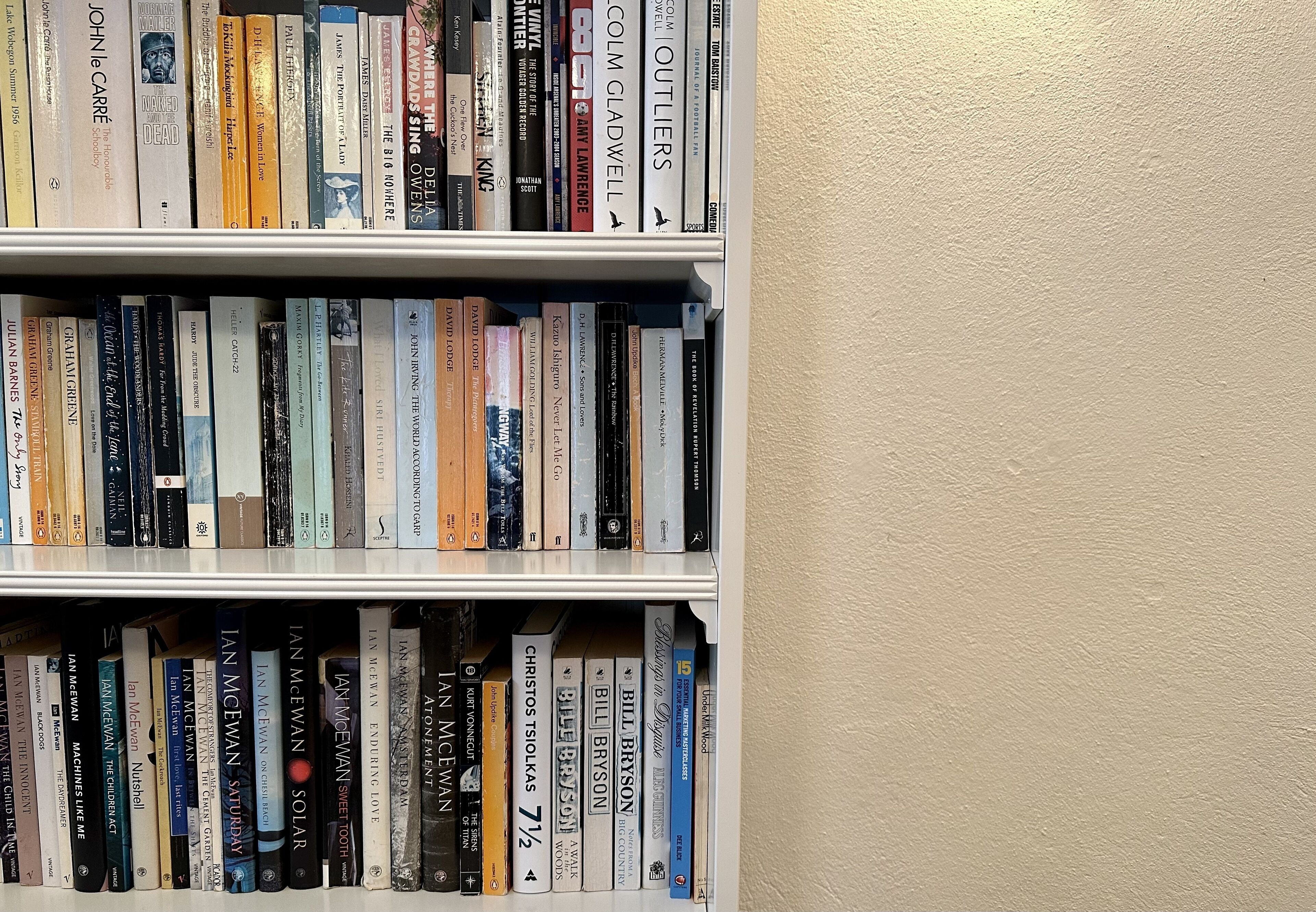 A bookshelf filled with various books.