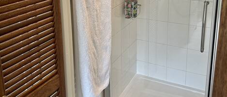 A glass-enclosed shower with a handheld showerhead and a handheld shower attachment.