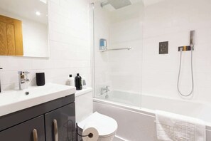 Shower, hair dryer, soap, shampoo