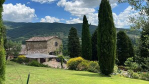 A stone house with a tiled roof, surrounded by a well-maintained garden with tall cypress trees and flowering plants. - Villa in Sant'angiolo with 5 bedrooms sleeps 12 (Sant'angiolo)