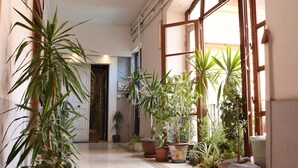 Un pasillo con plantas en macetas y un cartel que dice 'B&B Raffles'.