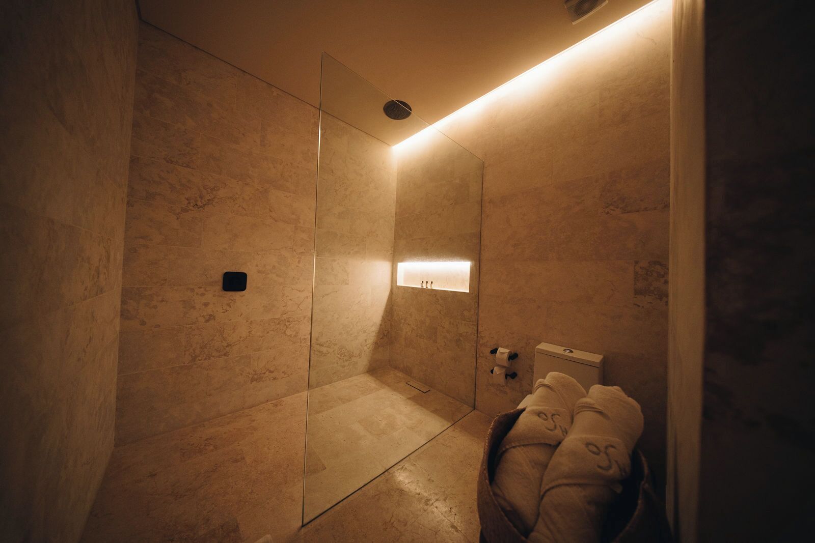 A glass-enclosed shower with a built-in light, a towel rack, and a small shelf with toiletries.