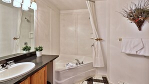 A bathroom with a sink, mirror, shower, and bathtub. - The Birch Ridge: Blue Velvet Room #10 - Queen Suite in Killington, Vermont. Hot Tub. Lounge. (Killington)