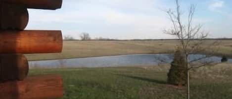 Una cabaña de troncos con vista a un estanque y campos abiertos.