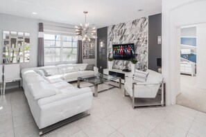 Ferienhaus, Mehrere Betten, Whirlpool, Poolblick | Innenbereich