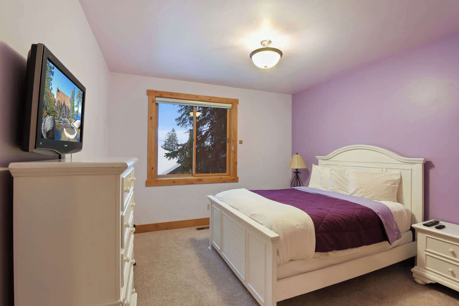 Een slaapkamer met een bed, een dressoir, een nachtkastje, een lamp, een televisie op het dressoir, en een raam met uitzicht op bomen.
