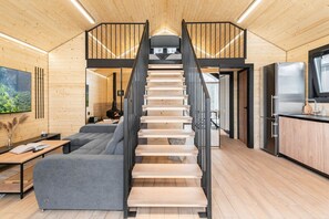 Een smart-tv, een open haard, boeken en een muziekbibliotheek