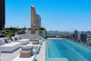 Outdoor pool, pool umbrellas, pool loungers