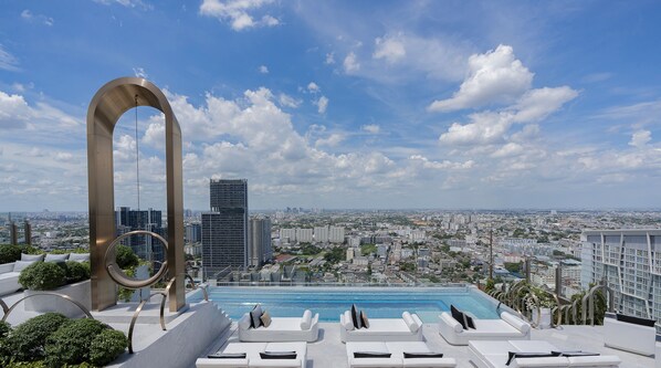 Outdoor pool, pool umbrellas, pool loungers