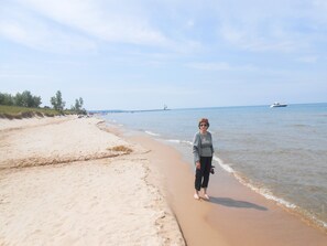 On the beach, sun loungers, beach towels