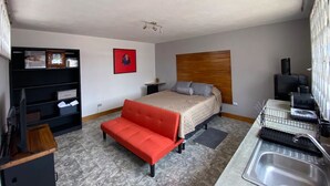 Een knus hotelkamer met een bed, een slaapbank, een bureau met een computer, een klein tafeltje en een wastafel.