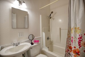 Hair dryer, towels, soap, toilet paper