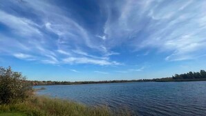 A calm lake with a clear sky and distant trees. - Lake front Rustic Cabin in the UP, Snowmobile-ATV trails, Falls, Mackinaw Island (Trout Lake)