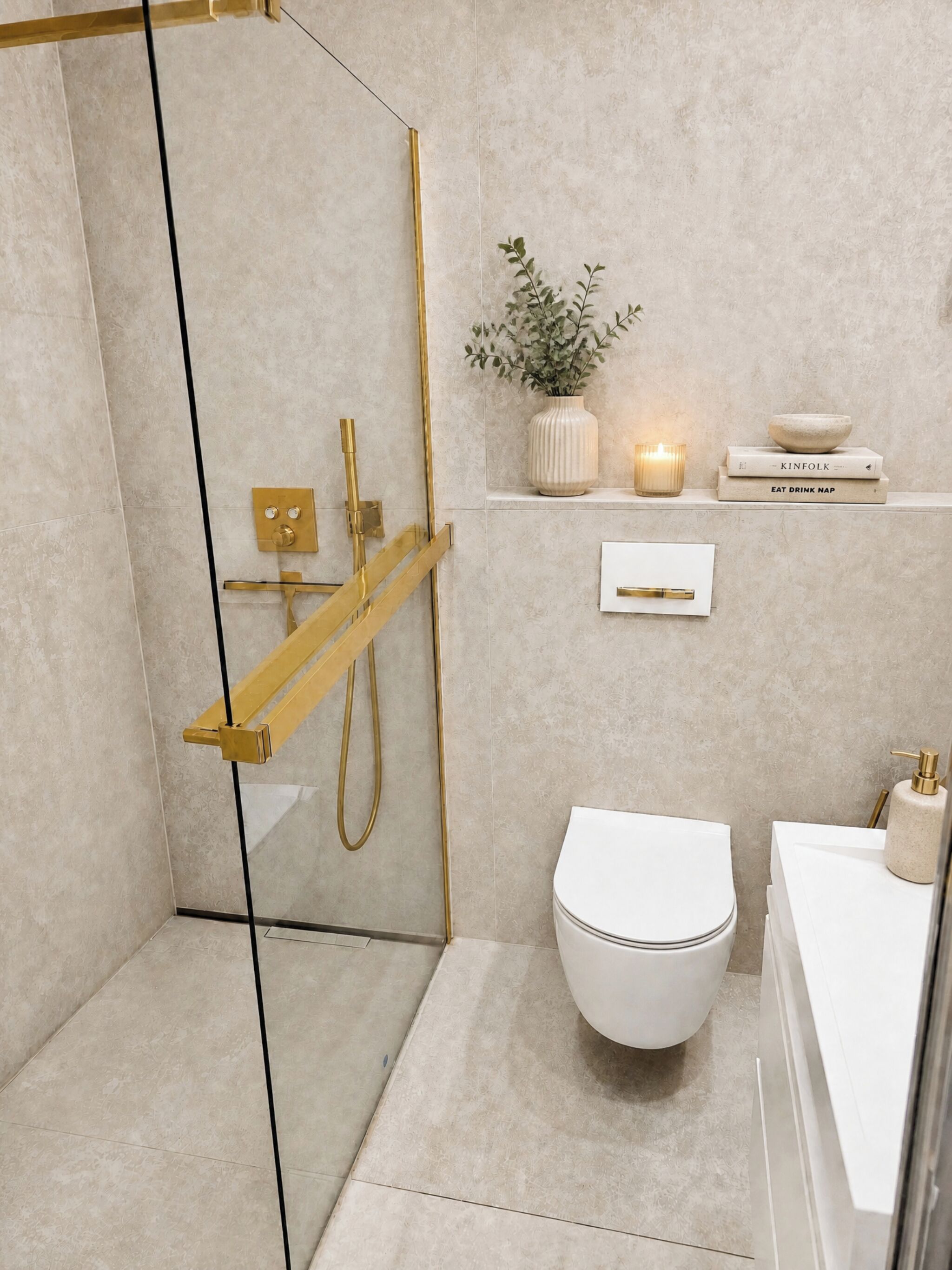 Une salle de bain moderne avec une douche à parois de verre, des toilettes blanches et un meuble-lavabo doté d’un distributeur de savon.