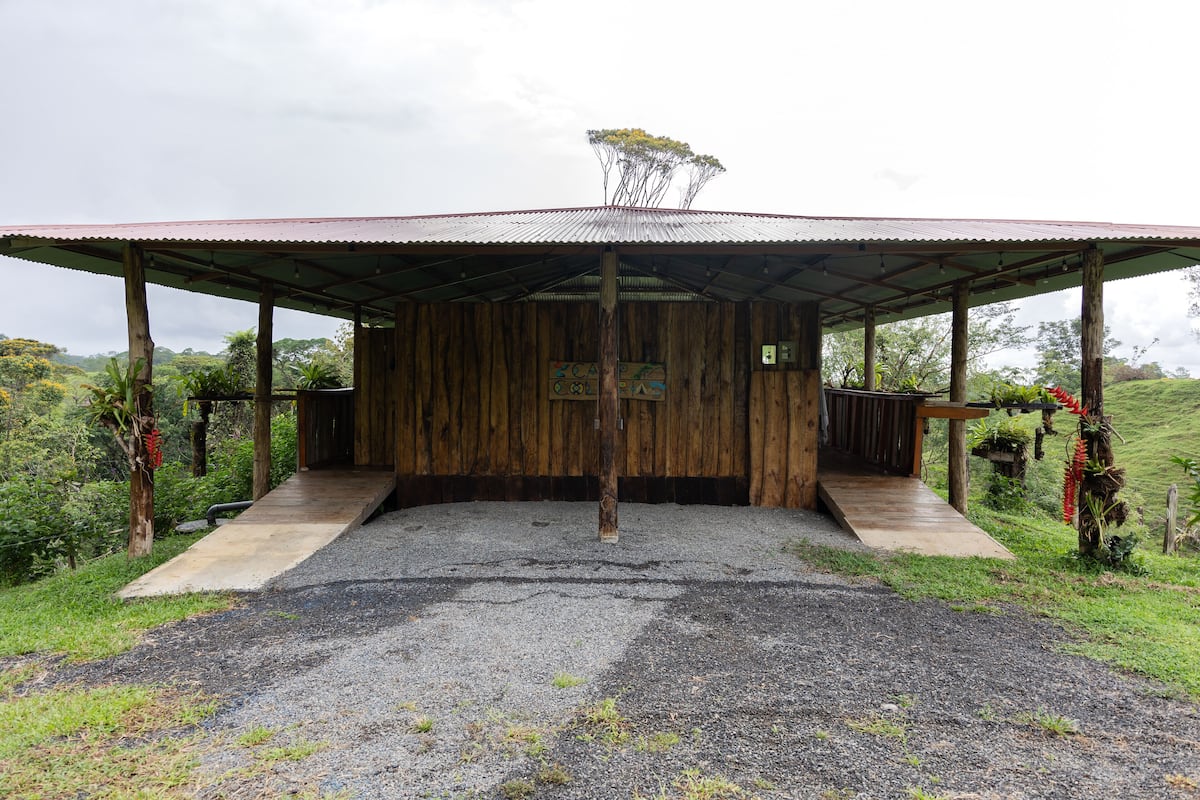 Un bâtiment rustique en bois, surmonté d’un toit en métal, avec une allée en gravier et une végétation luxuriante tout autour.
