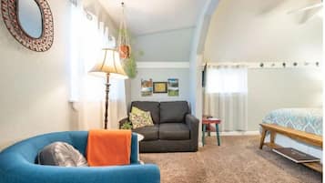 Smart TV, fireplace, books