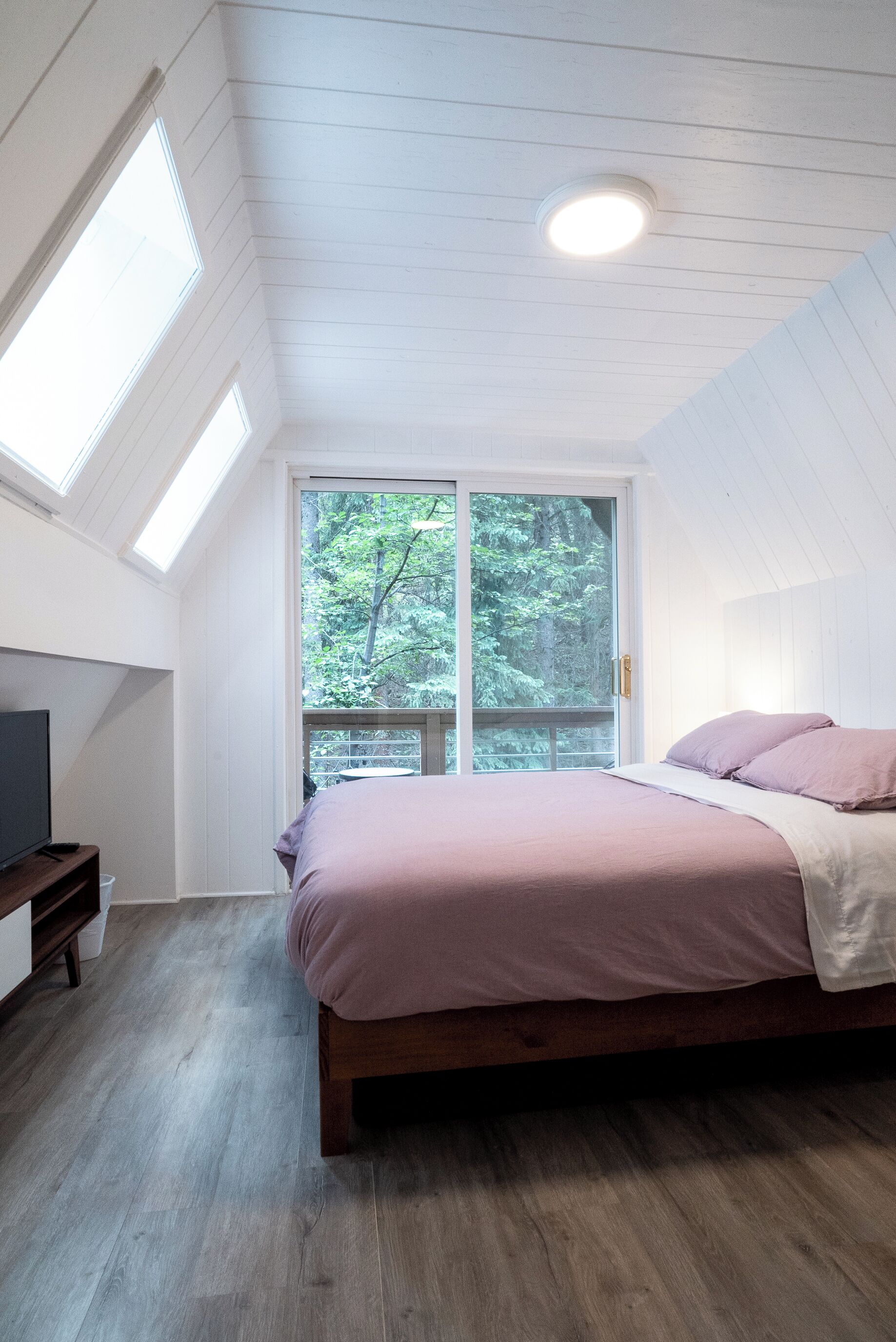 Une chambre avec un grand lit, des fenêtres de toit et une vue sur les arbres à l’extérieur.