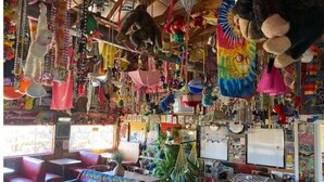 A cluttered room with hanging items, a sofa, a table, and a chair.