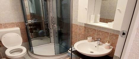 A bathroom with a glass-enclosed shower, a toilet, a sink, and a mirror.