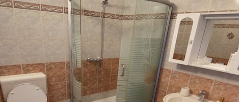 A bathroom with a glass-enclosed shower, a toilet, and a sink with a mirror above it.