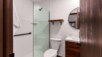 A modern bathroom with a glass shower enclosure, a white toilet, a wooden vanity, and a wooden door.