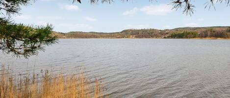 En stilla sjö omgiven av kullar och med gles vegetation.