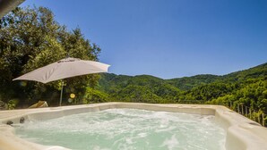 Ein Whirlpool mit Blick auf eine gebirgige Landschaft.