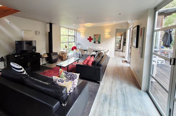 Smart TV, fireplace, books, stereo