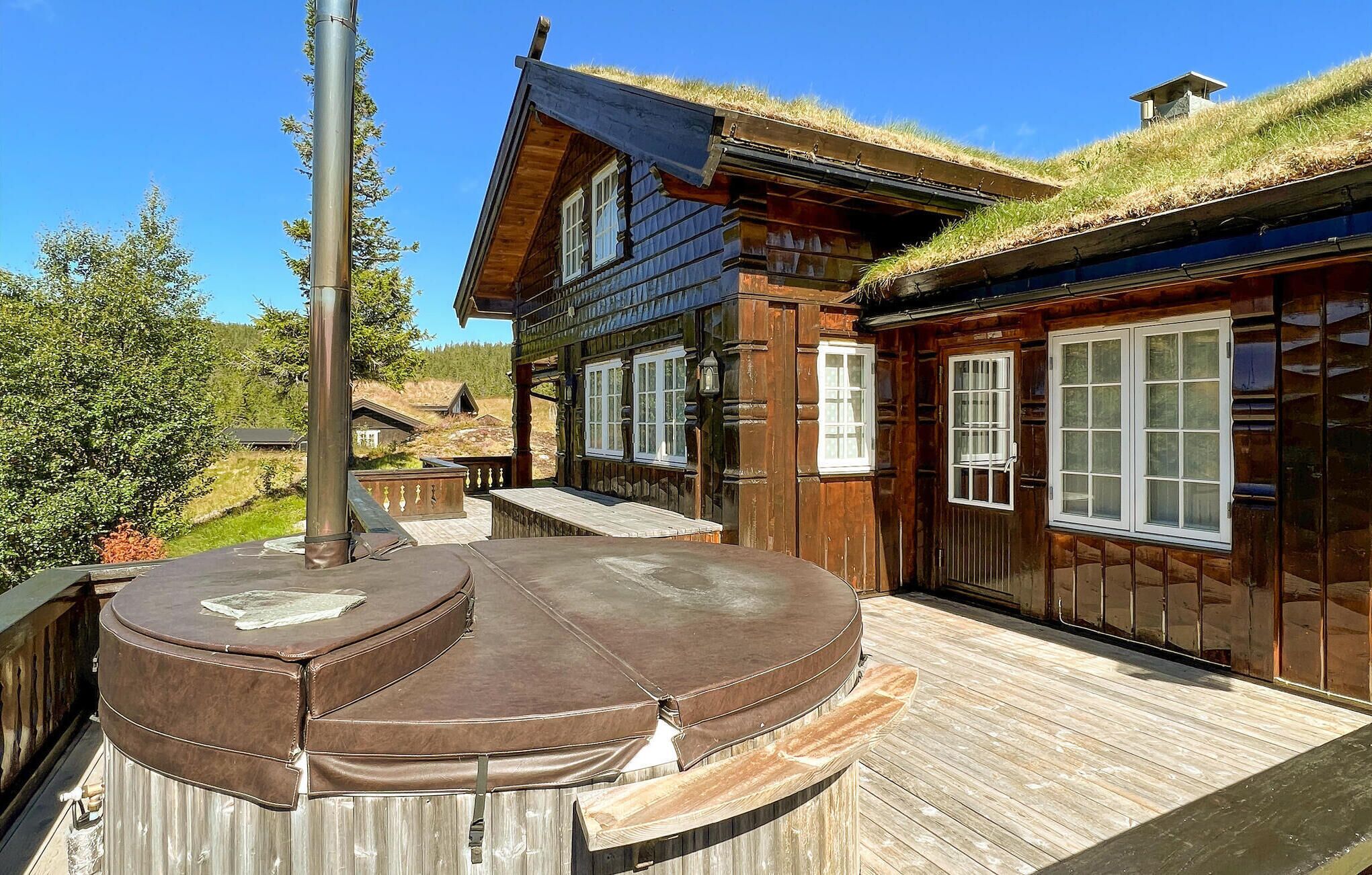 Une cabane en bois avec un toit de chaume, une terrasse en bois et un sauna.