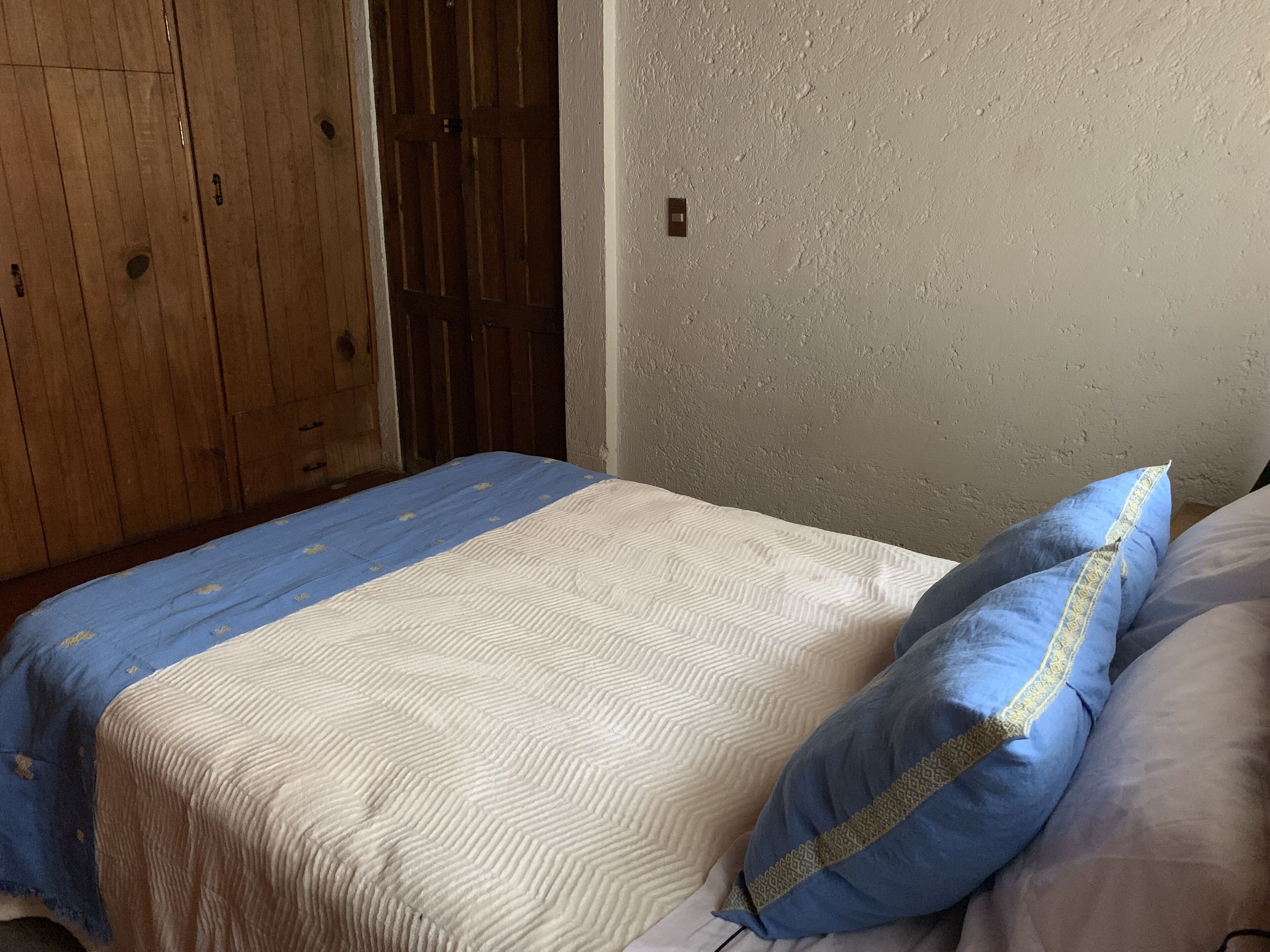 A bedroom with a bed, two pillows, a wooden wardrobe, and a textured wall.