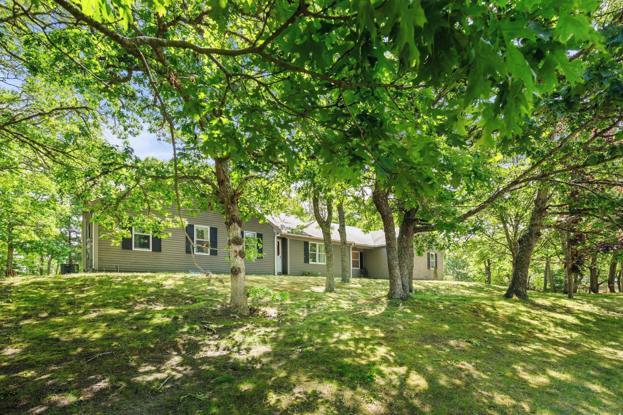 A single-story house surrounded by trees with a well-maintained lawn.