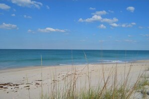Une plage avec un ciel dégagé et une mer calme.