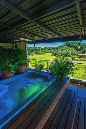 A hot tub with wooden deck and potted plants, overlooking a lush landscape.