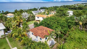 A coastal residential area with houses surrounded by lush greenery and palm trees. - Villa el Encanto//Amazing views, walk to beach! (Rincon)