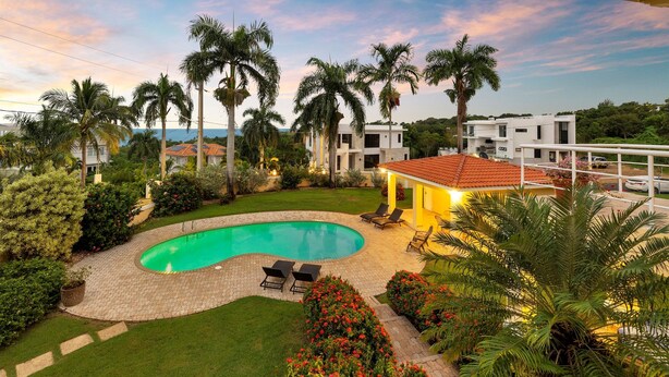 A modern house with a swimming pool, surrounded by lush greenery and palm trees. - Villa el Encanto//Amazing views, walk to beach! (Rincon)