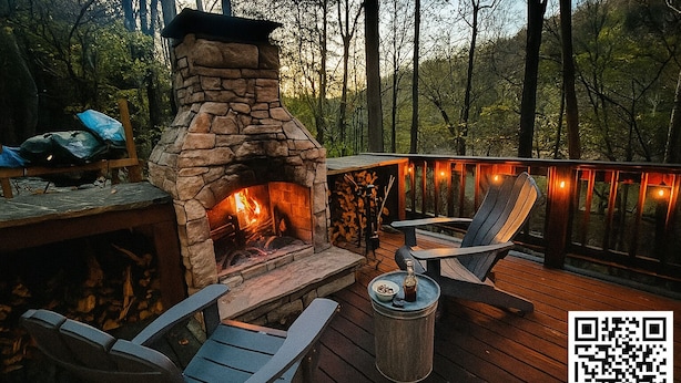 Ein Kamin aus Stein mit Feuer, umgeben von Sitzgelegenheiten und einer Terrasse.