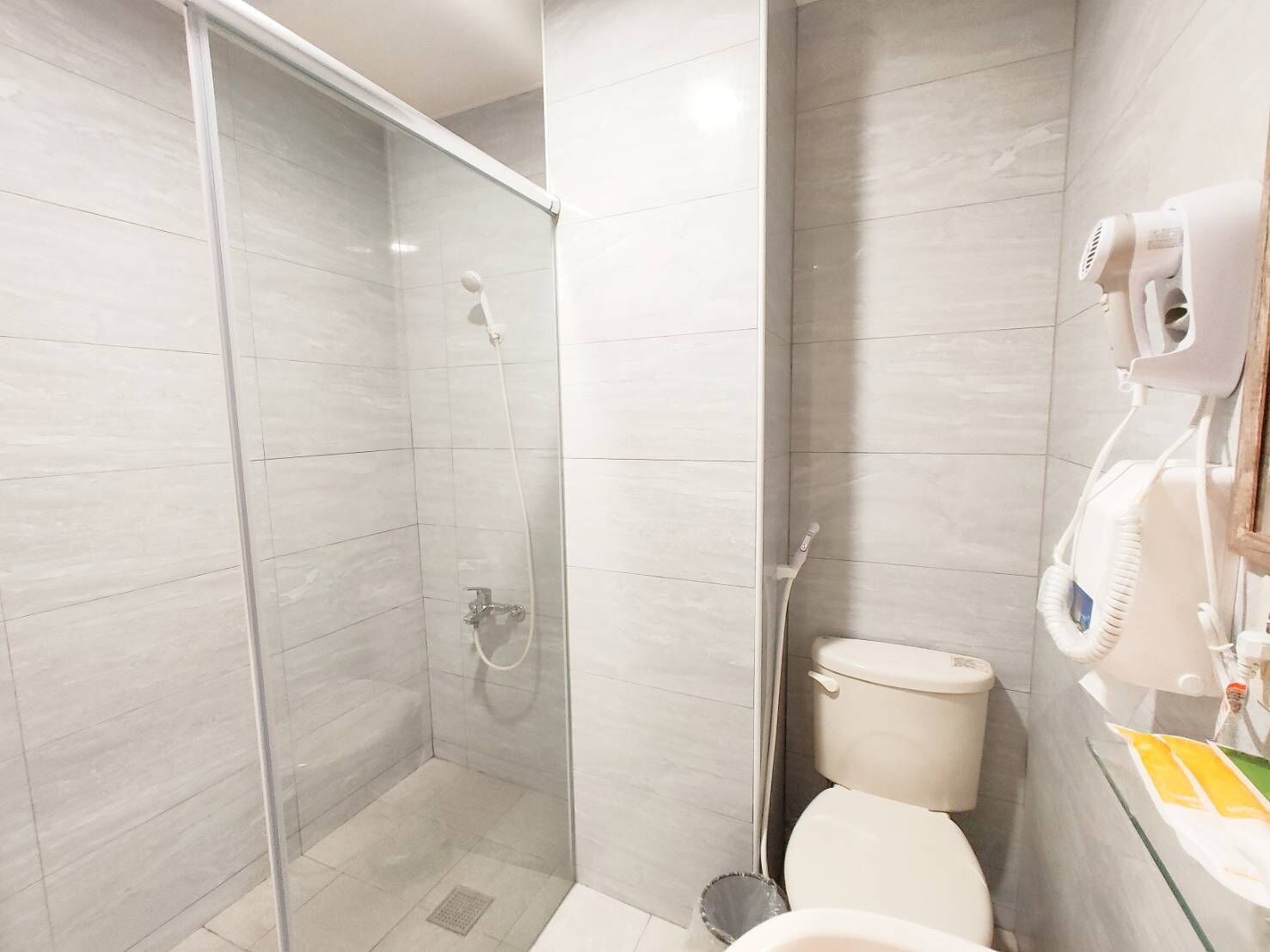 A modern bathroom with a glass-enclosed shower, a toilet, and a hairdryer mounted on the wall.